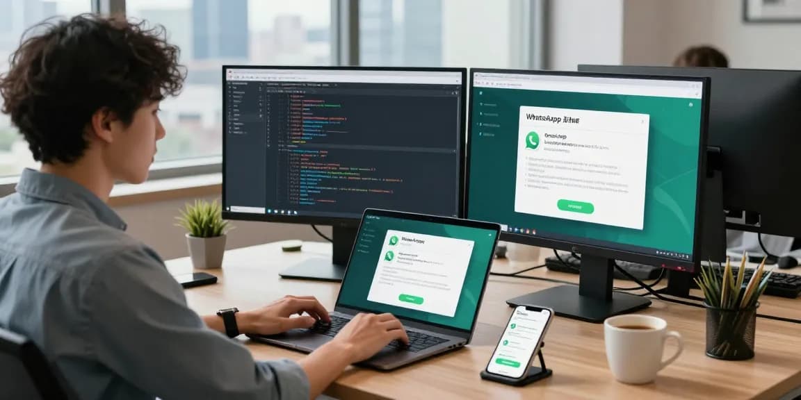 Developer coding in a modern office using WhatsApp網頁版 on dual monitors, showcasing a vibrant and productive workspace.