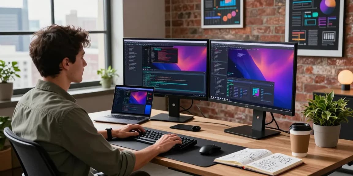 Download Telegram in a modern tech workspace showcasing coding screens and developer tools.