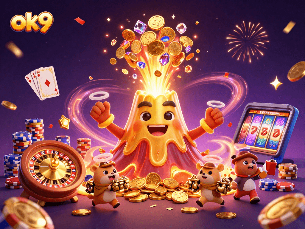Experience thrilling moments at ok9 while winning with slot machines and treasures bursting from a volcano.