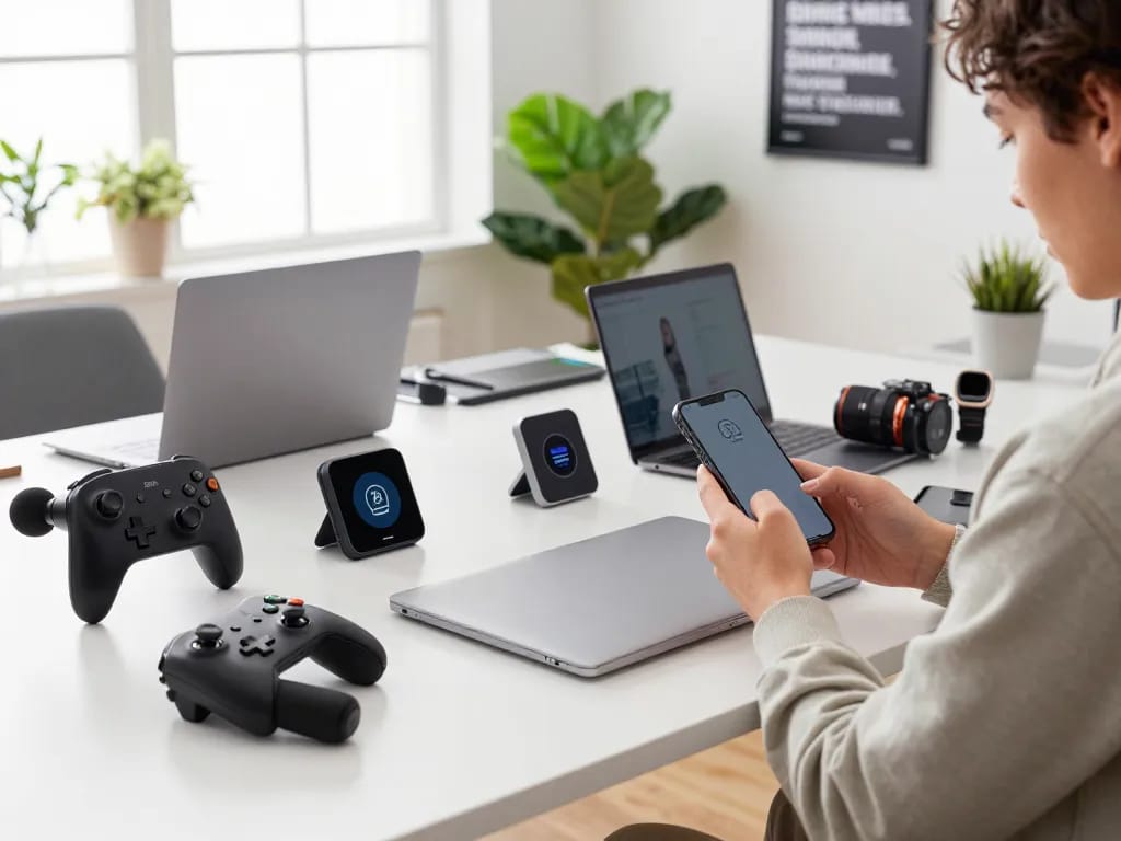 Innovative workspace filled with unique tech gadgets, showcasing 8BitDo controller, AirFly Pro 2, and Fitbit Charge 6.