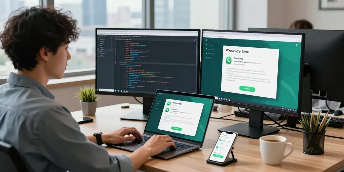 Developer coding in a modern office using WhatsApp網頁版 on dual monitors, showcasing a vibrant and productive workspace.
