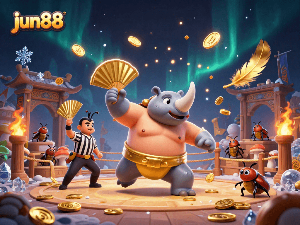 Experience thrilling gameplay at jun88 with engaging visuals of a dynamic sumo beetle champion surrounded by casino elements.