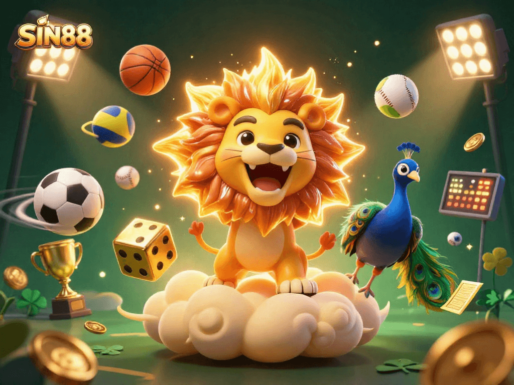 SIN88 showcases an energetic scene with a roaring lion, golden dice, and dynamic sports elements for bettors.