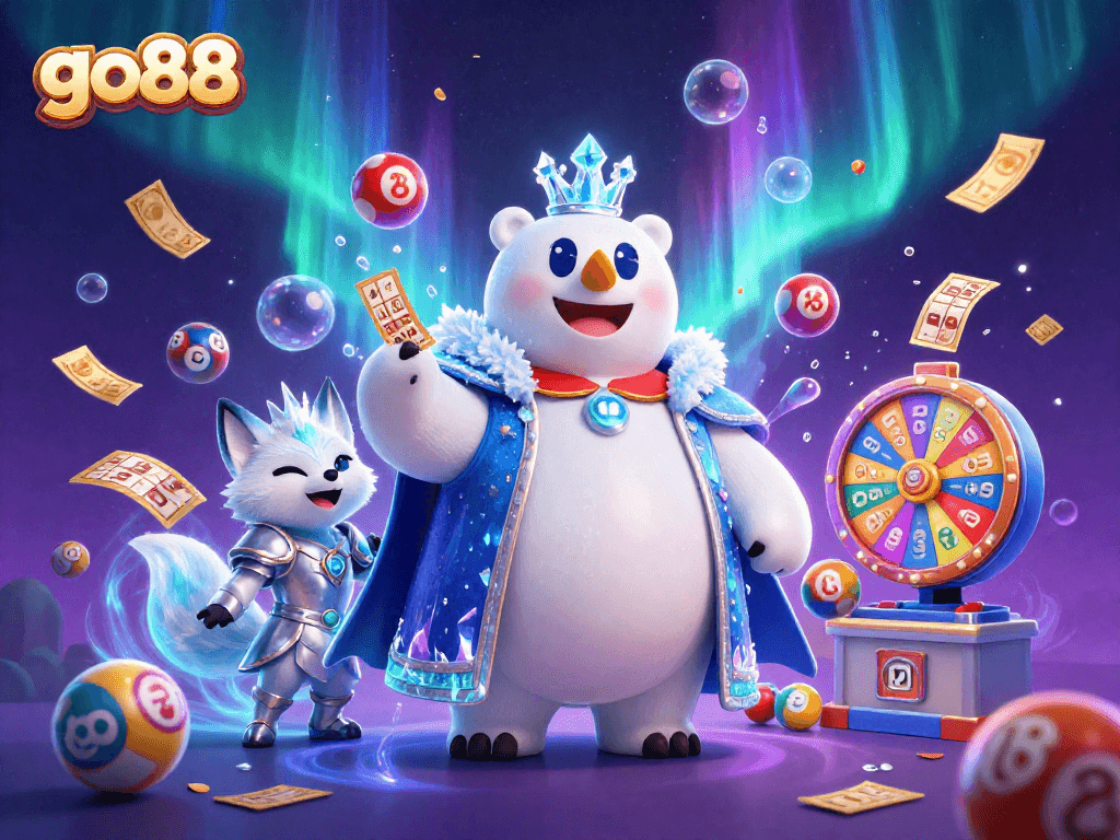 Engage with go88's vibrant lottery scene featuring a whimsical polar bear and fox.