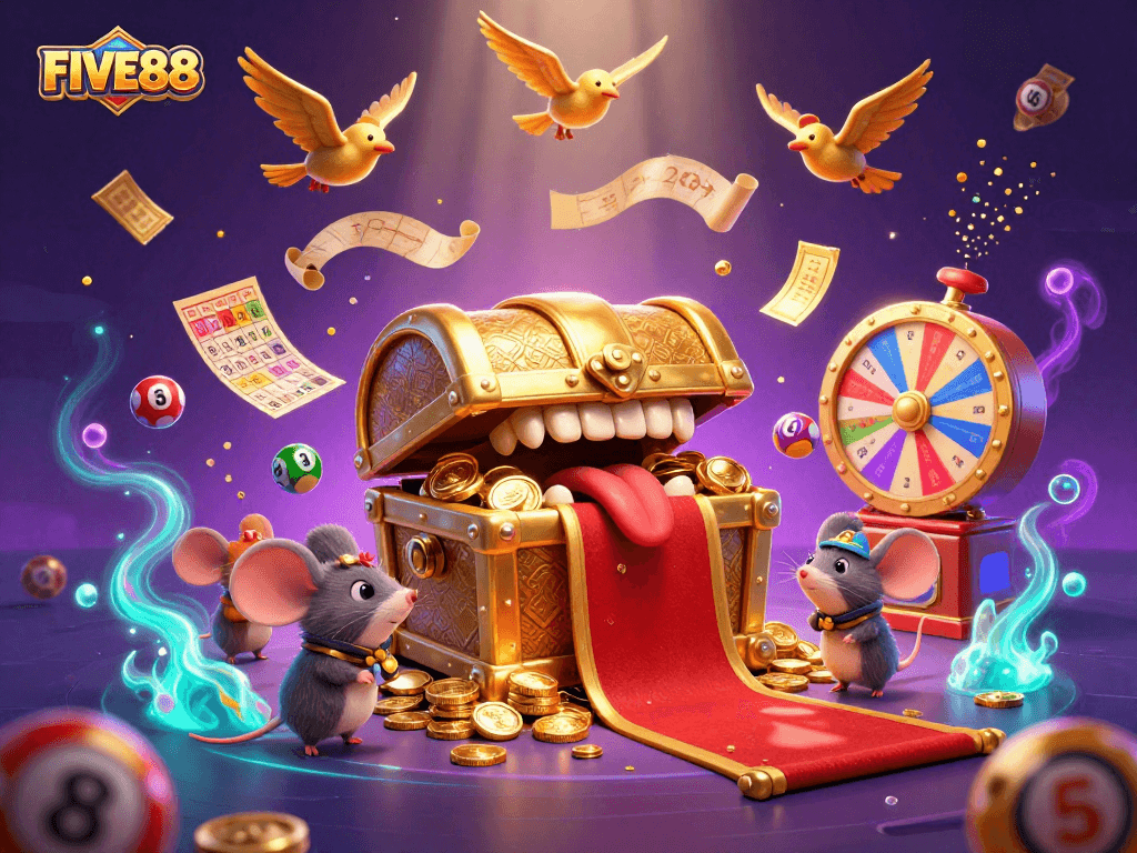Experience the thrill of gambling with FIVE88, featuring dynamic lottery games and vibrant prize elements.