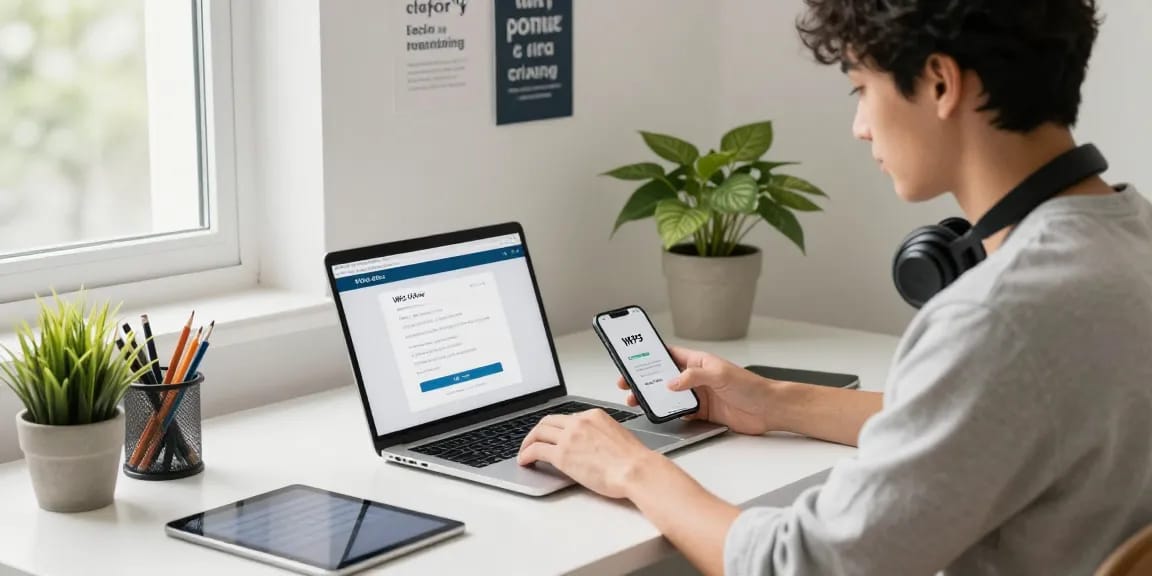 WPS Download on modern laptop in a stylish home office environment.