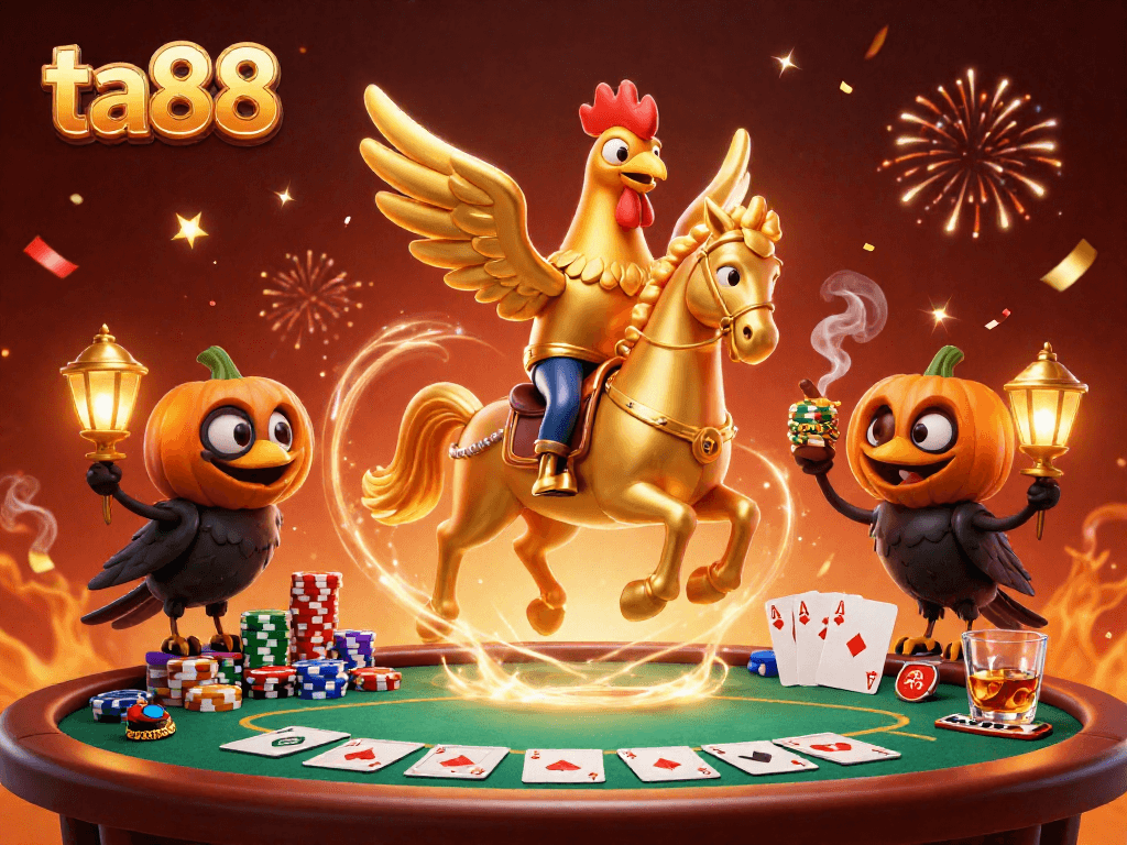 Experience the thrilling excitement of ta88, where golden characters meet poker action in a vibrant casino.