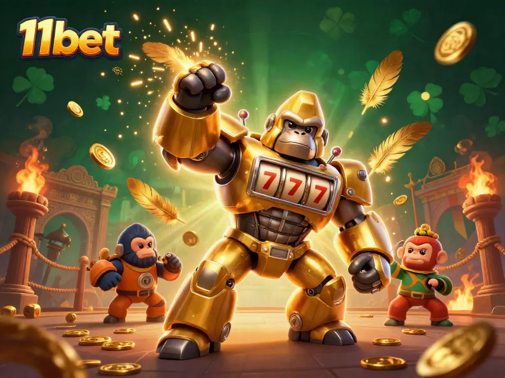 Experience thrilling gaming with 11bet showcasing a dynamic casino-themed illustration of a golden gorilla mech.