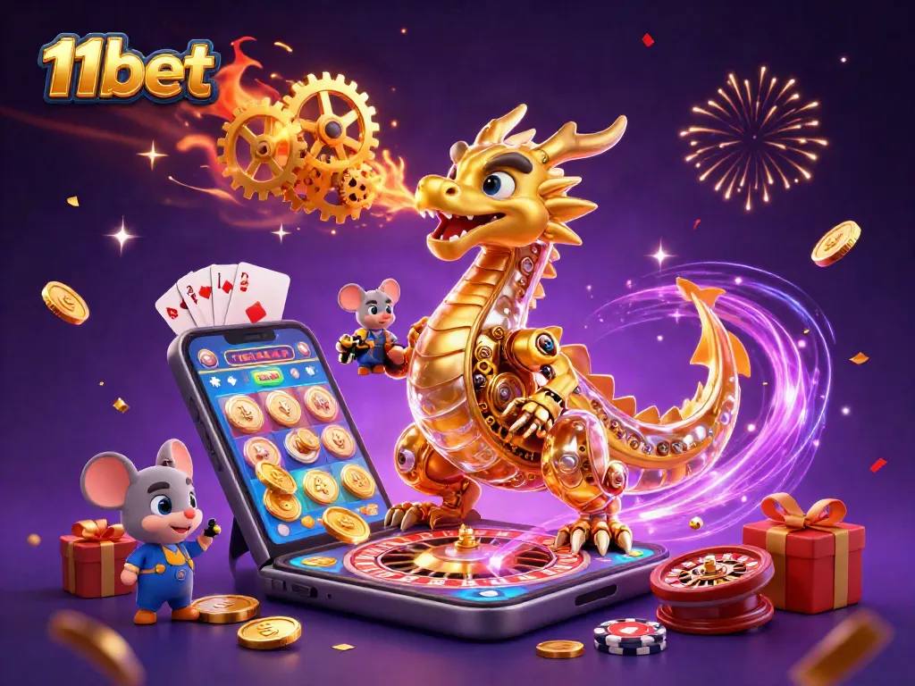 Experience the thrill of winning at 11bet with a golden dragon and slot games in an enchanting casino illustration.