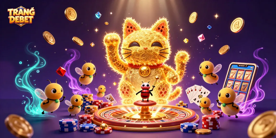 Engage with TRANG CHỦ DEBET in a vibrant casino scene featuring dynamic gambling elements and a lucky cat.