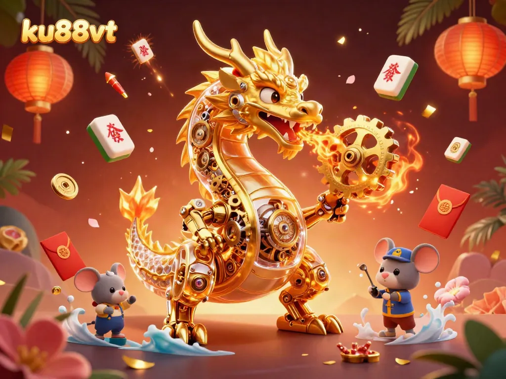 Experience the thrill of ku88vt with a golden dragon and vibrant gaming elements.