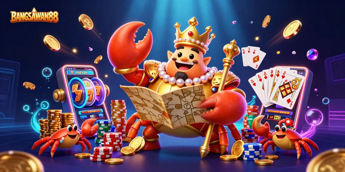 BANGSAWAN88 spins excitement through golden crab emperor and treasure map dynamic illustration