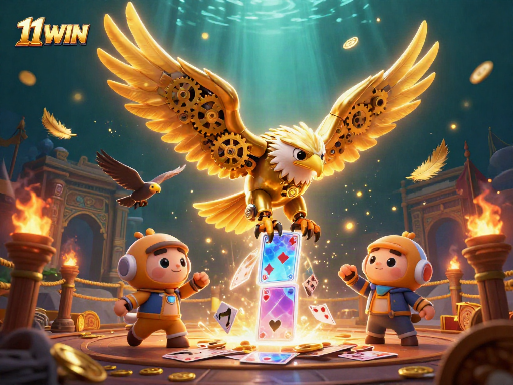 Engage in thrilling casino action with 11 WIN featuring a golden eagle amidst holographic cards.