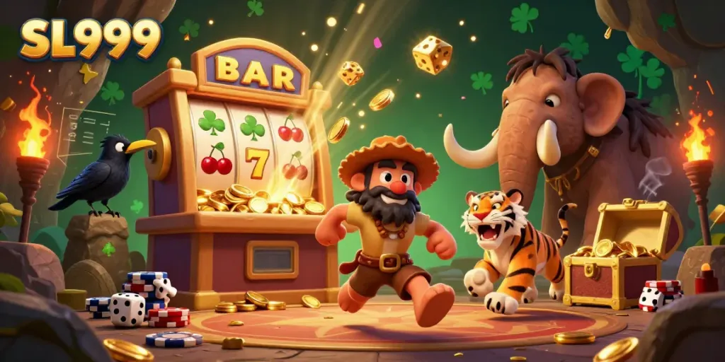 Experience the thrill of SL999 in a dynamic prehistoric casino scene with characters and vibrant elements.