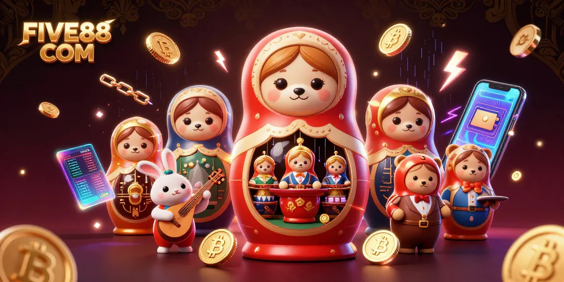 Experience dynamic gaming at FIVE88 COM with vibrant casino-themed characters and elements.