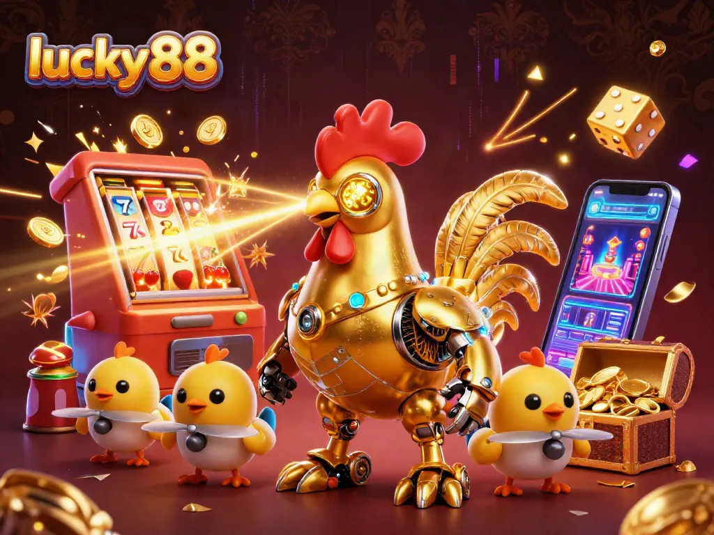 Experience the thrill of lucky 88 as a golden rooster robot and baby chick drones celebrate jackpots in dynamic casino action.