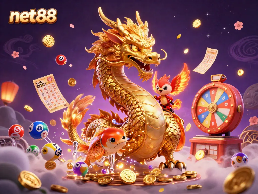 Experience net88's dynamic gaming adventure with a vibrant dragon, phoenix, and koi fish amidst colorful casino elements.