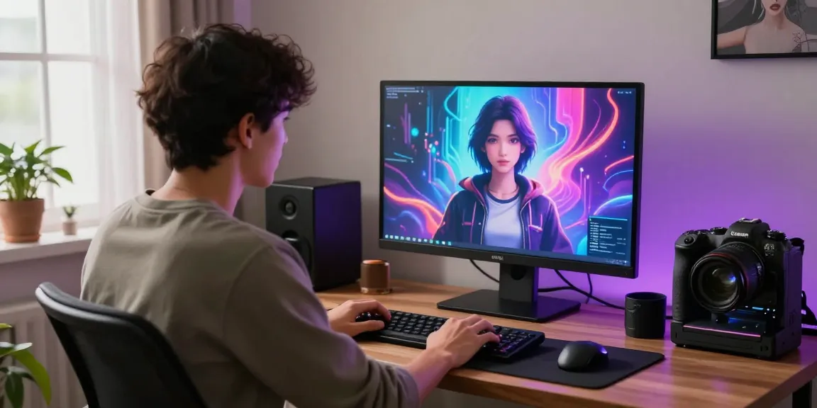 User interacting with an NSFW AI character in a cozy home office during a digital chat session.