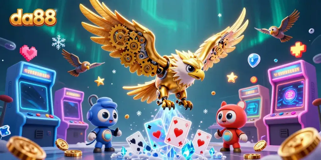 Experience thrilling gameplay with da88 as a golden eagle dives through holographic cards and colorful arcade machines.