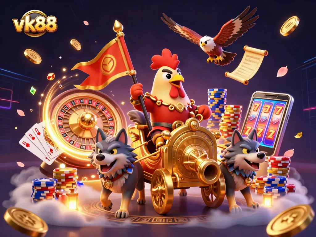 Experience thrilling gambling action and rewards with vk88 in this vibrant 3D illustration