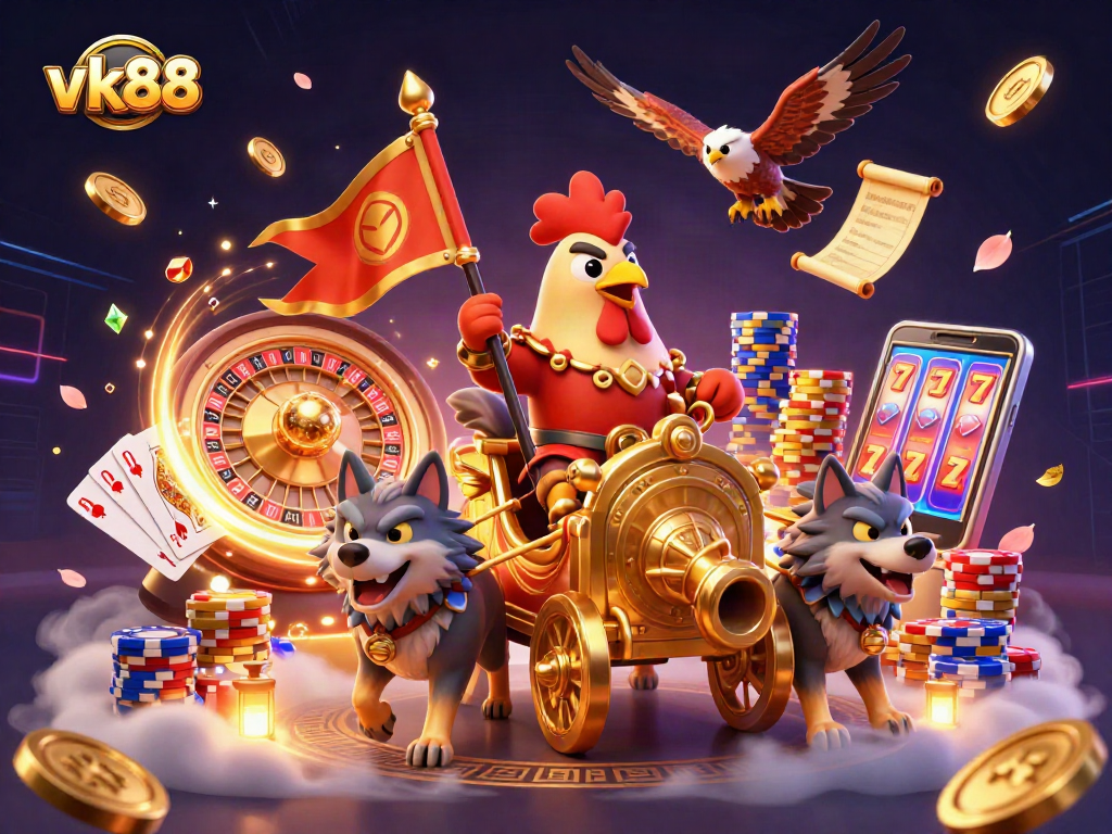 Experience thrilling gambling action and rewards with vk88 in this vibrant 3D illustration