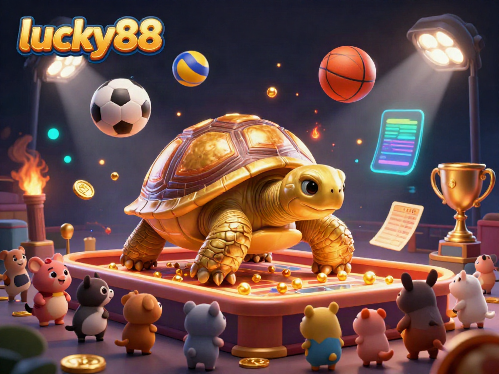Experience the excitement of lucky88 with a golden tortoise pinball machine surrounded by sports elements in a vibrant casino scene.