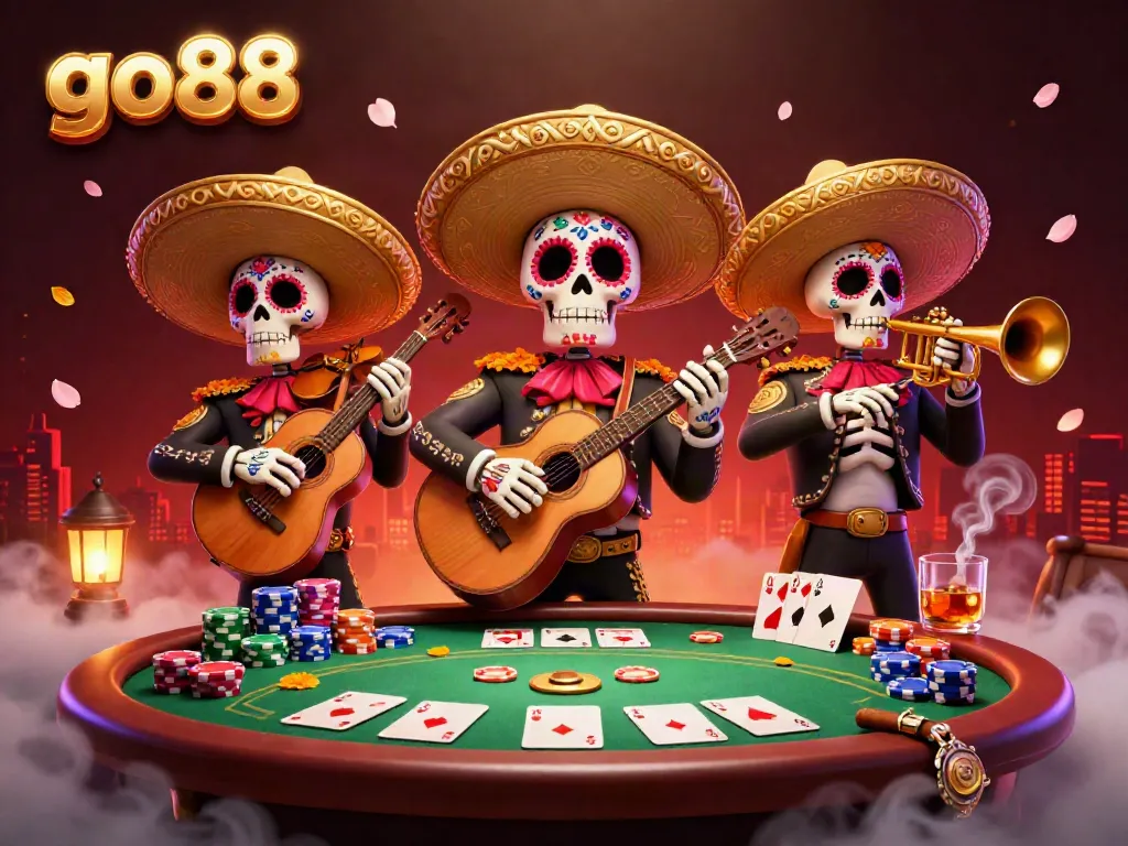 Engage in the vibrant gambling world with go88's colorful Day of the Dead mariachi band and poker elements.