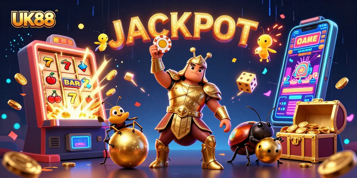 Celebrate big wins at UK88 with a vibrant casino illustration featuring energizing jackpot elements.