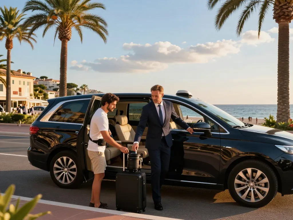 Service de Taxi à Saint-Tropez avec un chauffeur professionnel aidant des clients près d'un véhicule luxueux.