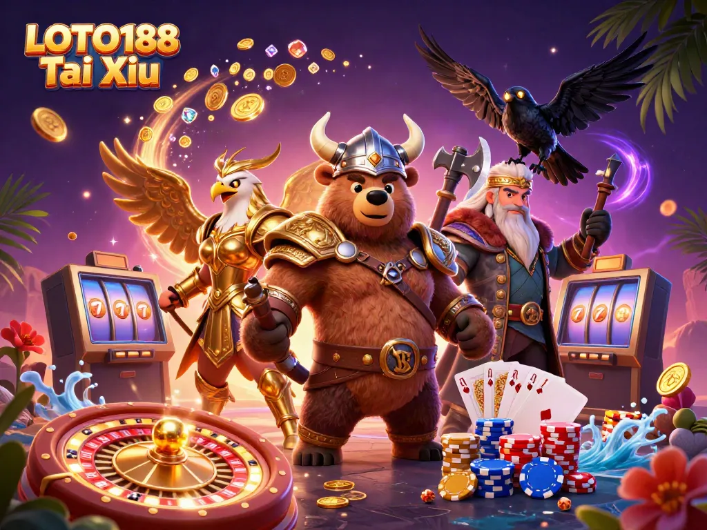 Experience the thrills of LOTO188 Tai Xiu with dynamic 3D gaming action and vibrant casino elements.