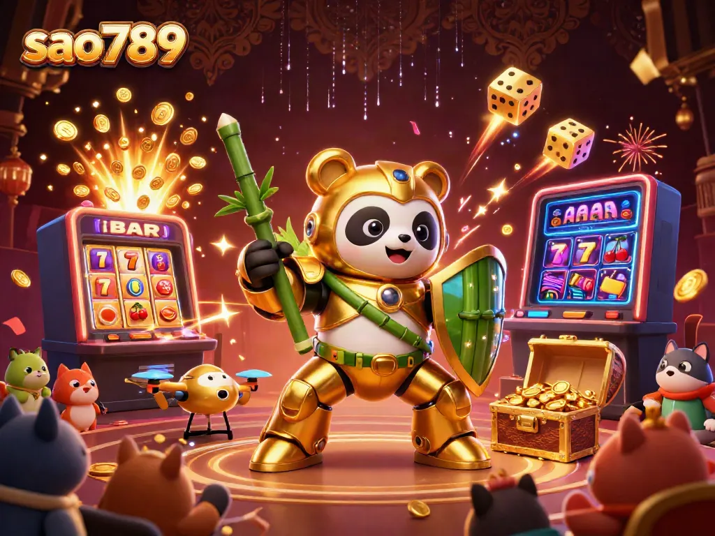 Engage with the vibrant sao789 gaming scene featuring a mech-suit panda in a festive casino arena.