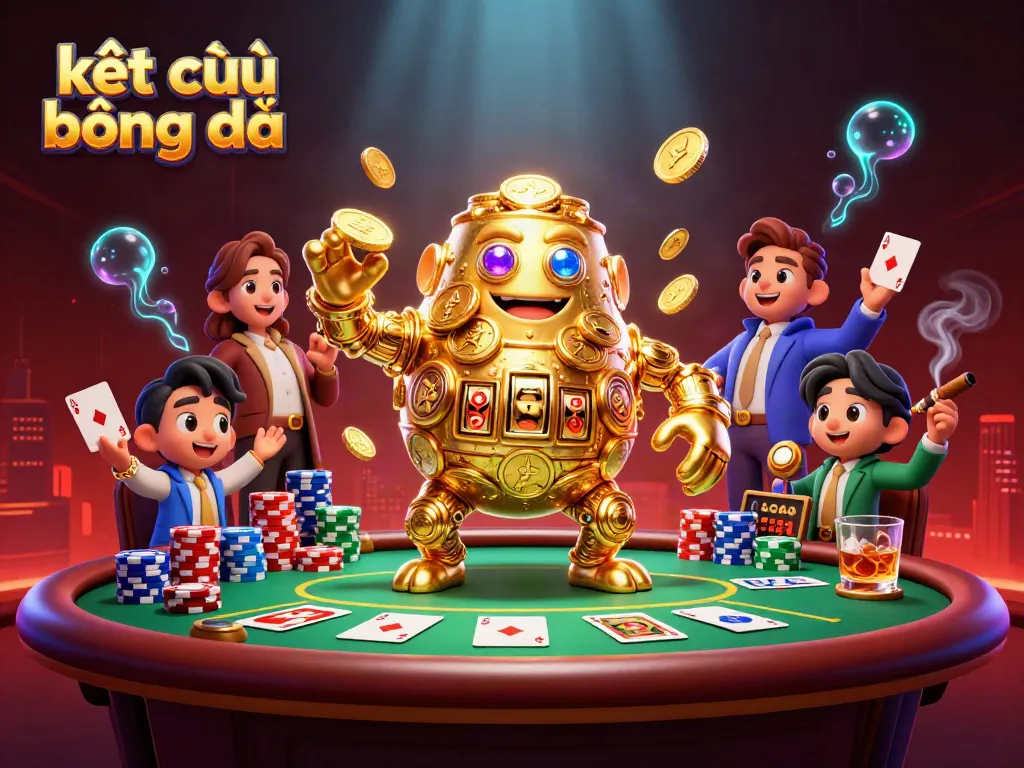 Experience kết quả bóng đá action with a dynamic golden golem amidst poker elements and vibrant lighting.
