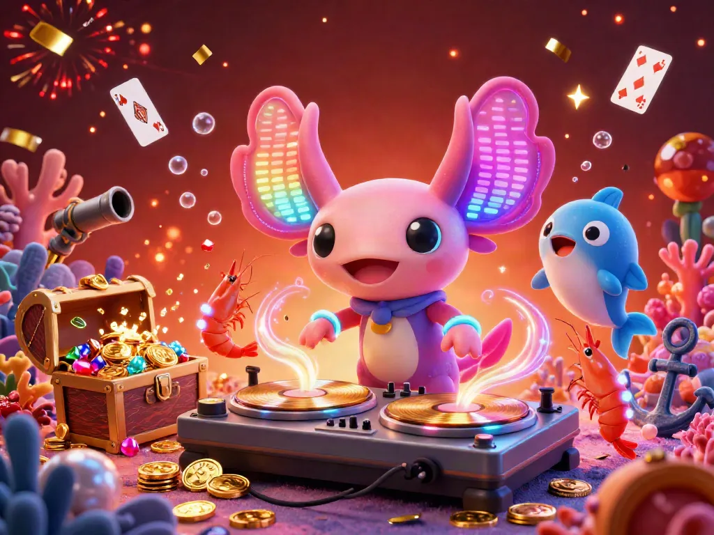 Experience lively sports excitement with gavang in this vibrant underwater DJ scene featuring neon axolotl and dynamic creatures.