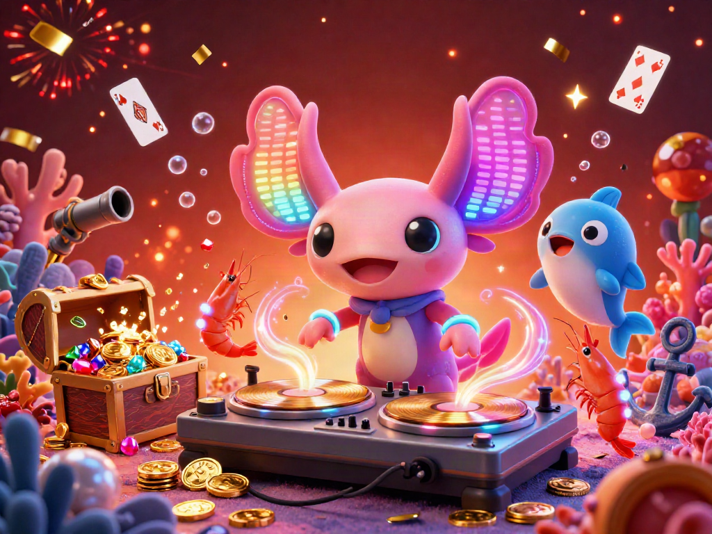 Experience lively sports excitement with gavang in this vibrant underwater DJ scene featuring neon axolotl and dynamic creatures.