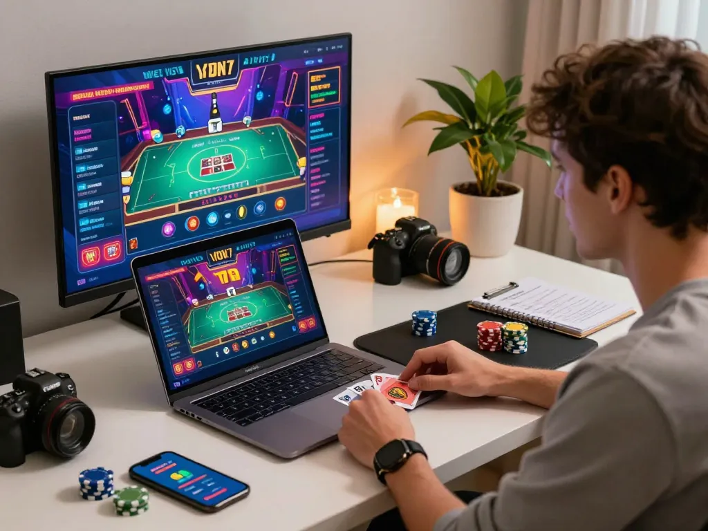 Exciting online casino gaming scene featuring MM88 with colorful dashboard and enthusiastic player.