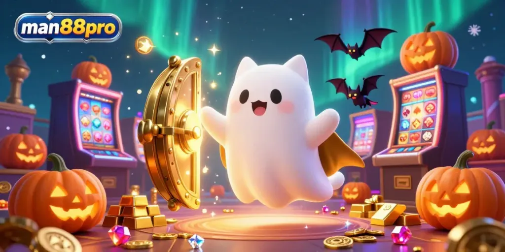 Experience thrilling gaming adventures at man88pro with a playful ghost cat and treasures in a casino.