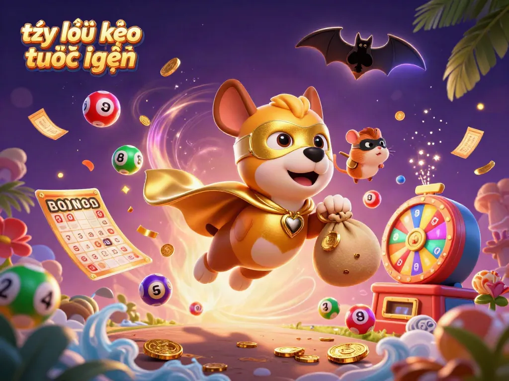 Experience the excitement of tỷ lệ kèo trực tuyến with a cartoon dog superhero flying through a vibrant casino atmosphere.