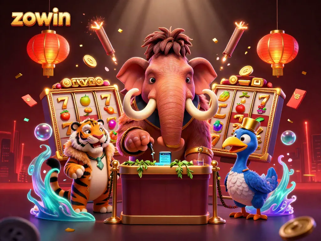 Zowin gaming extravaganza with a mammoth bouncer, saber-tooth tiger VIP, and dodo doorman amid vibrant casino elements.