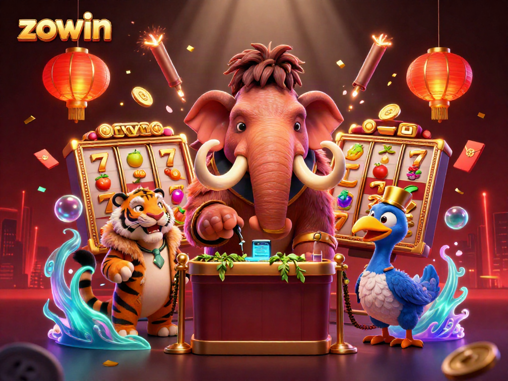 Zowin gaming extravaganza with a mammoth bouncer, saber-tooth tiger VIP, and dodo doorman amid vibrant casino elements.