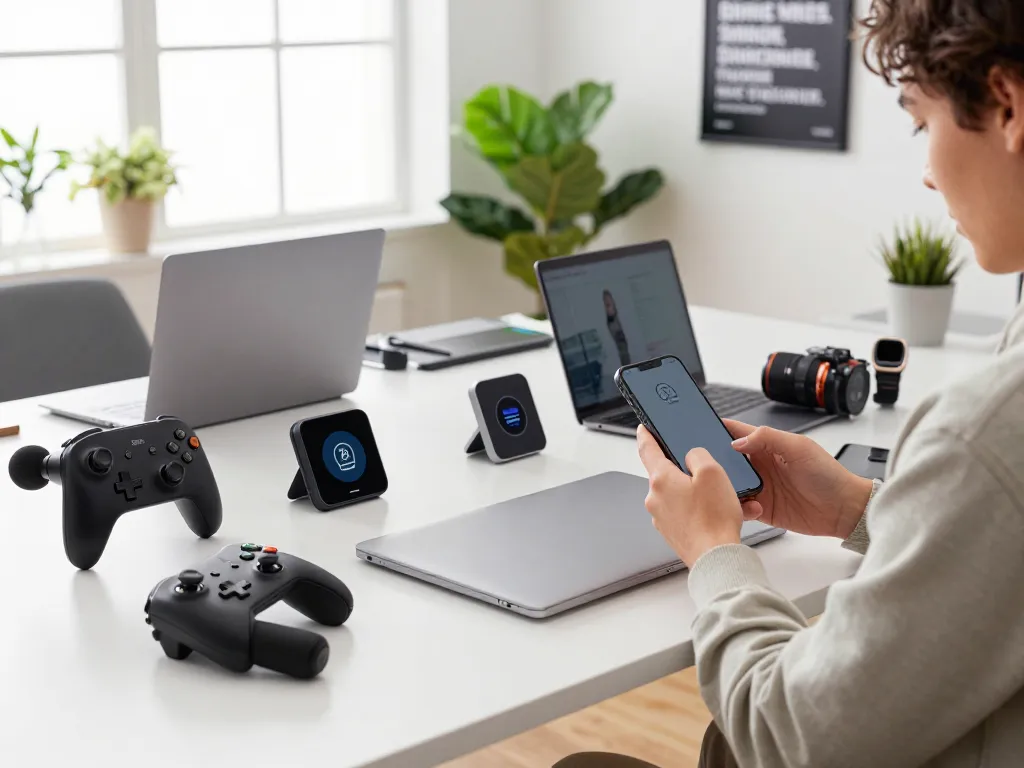 Innovative workspace filled with unique tech gadgets, showcasing 8BitDo controller, AirFly Pro 2, and Fitbit Charge 6.