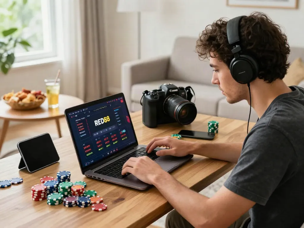 Engaged user exploring RED88 platform at home with laptop, snacks, and gaming chips.