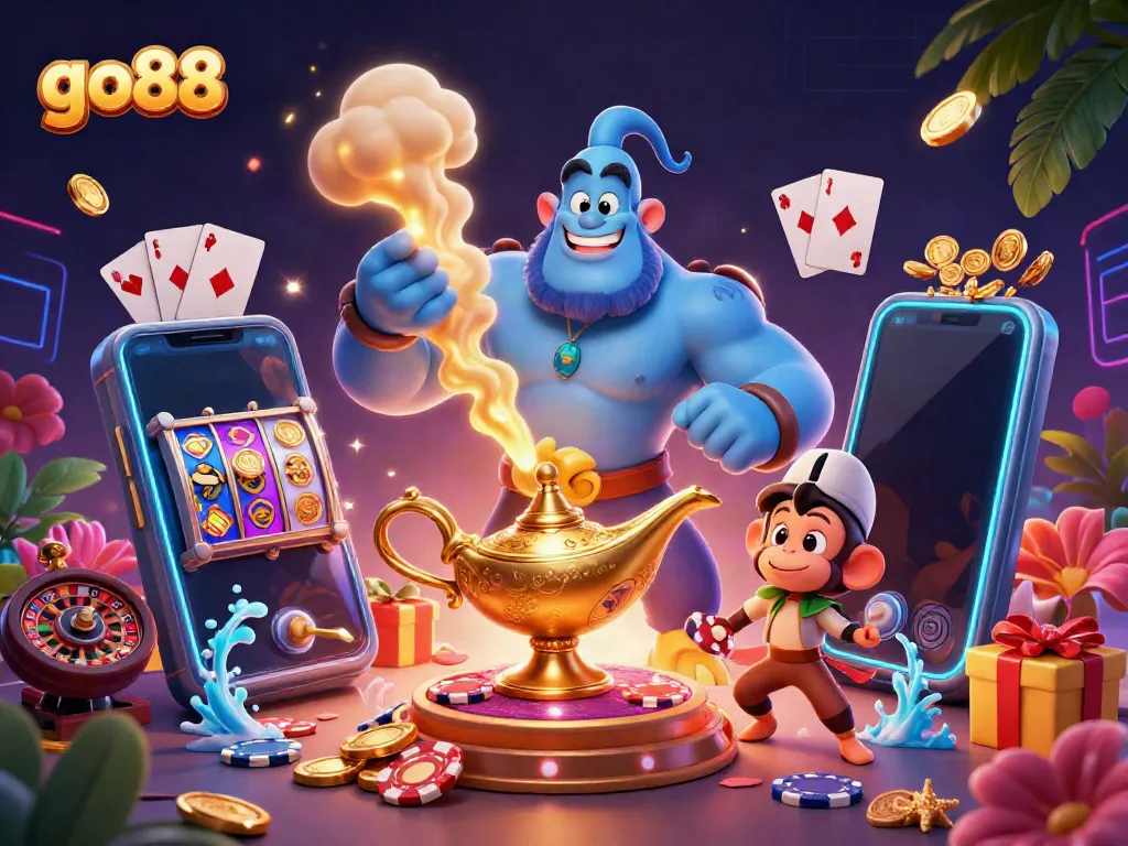 Join the exciting world of go88 with a vibrant casino scene featuring iconic game elements and characters.