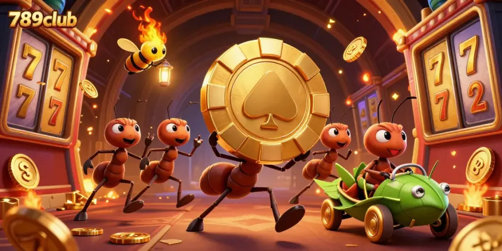 Engage in thrilling games at 789club featuring ants on a treasure heist with slot machines and golden coins.