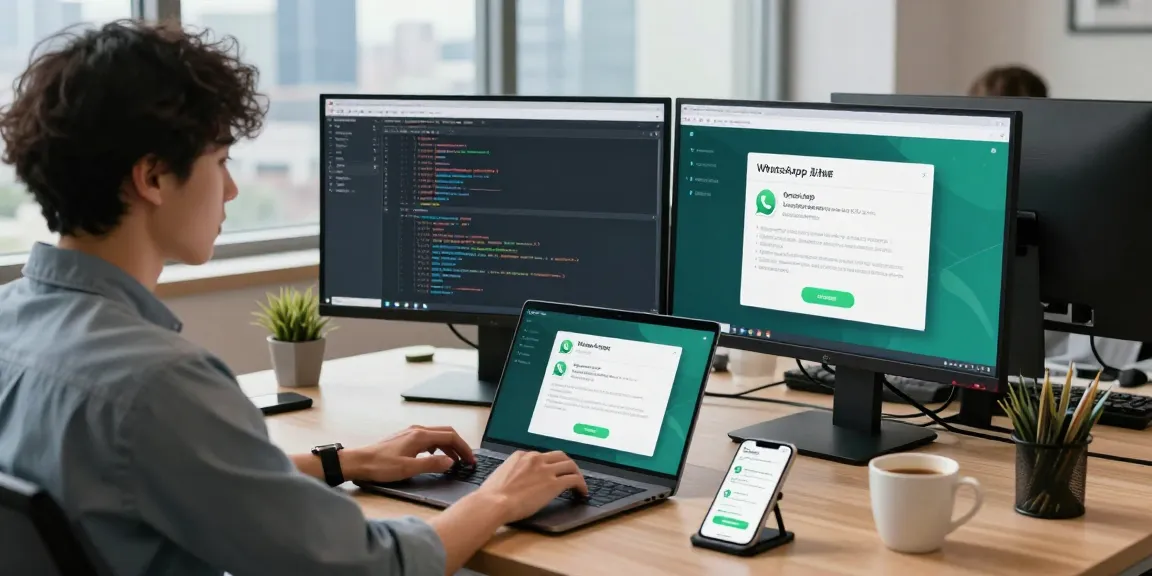 Developer coding in a modern office using WhatsApp網頁版 on dual monitors, showcasing a vibrant and productive workspace.