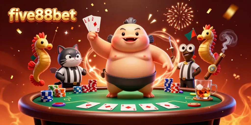 Engage with the exciting world of five88bet as a blowfish referee oversees a dynamic underwater poker tournament.