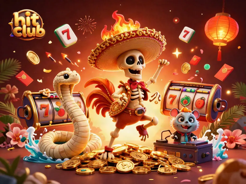 Engaging hit club scene with a mariachi rooster celebrating among slot reels and golden coins.