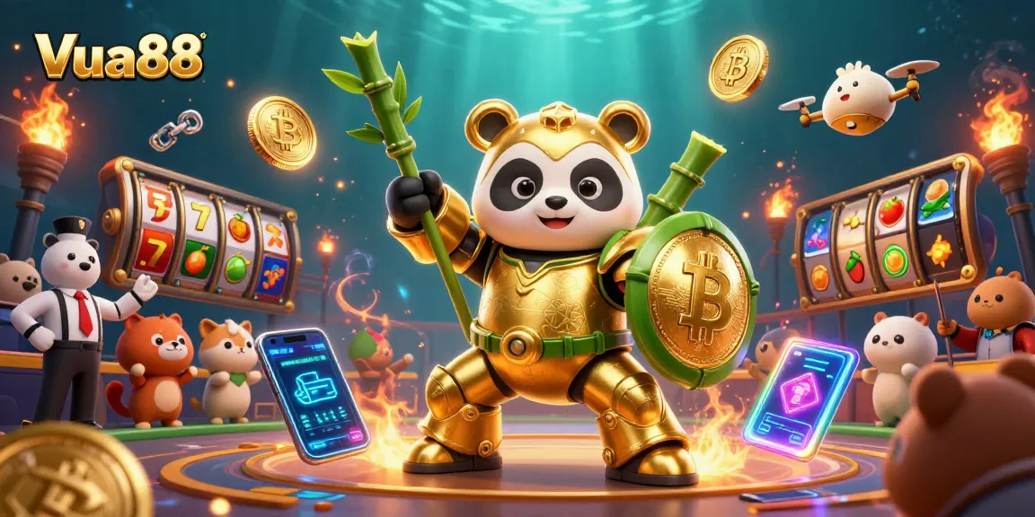 Vua88 features an epic 3D scene with a golden panda robot amidst slot machine elements and crypto coins.
