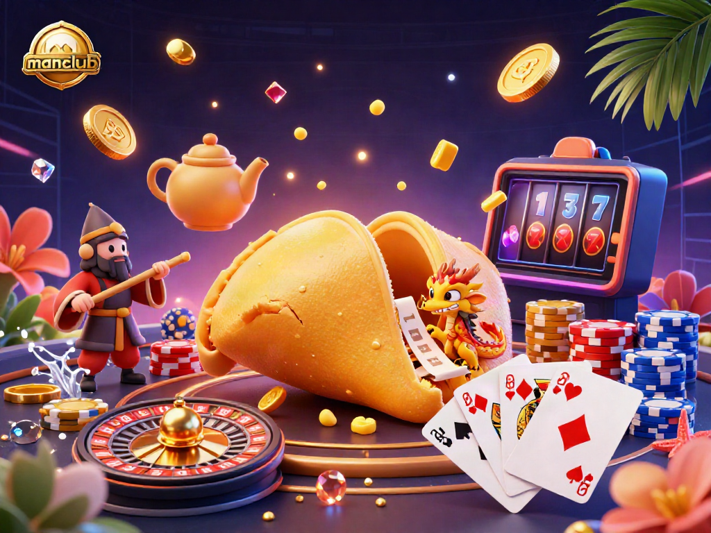 Experience thrilling luck at manclub with a vibrant casino scene featuring animated fortune symbols.