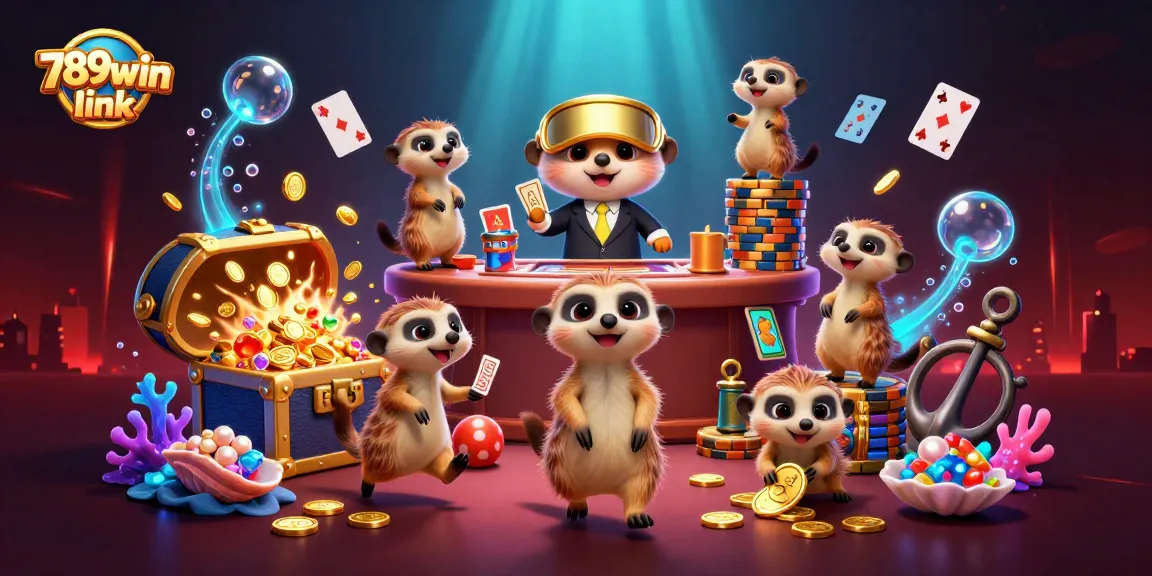 Experience the excitement of 789win link with meerkats managing a vibrant casino filled with treasures and gaming fun.
