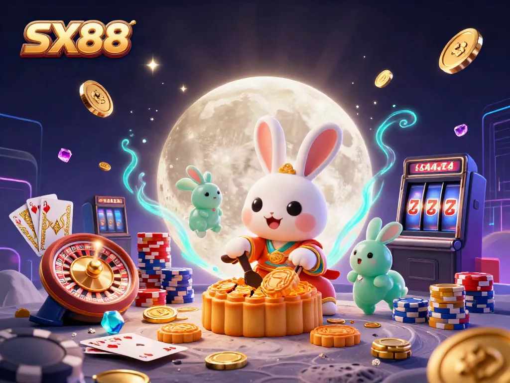 SX88 highlights an engaging casino scene with a moon rabbit pounding mooncakes, revealing poker chips.